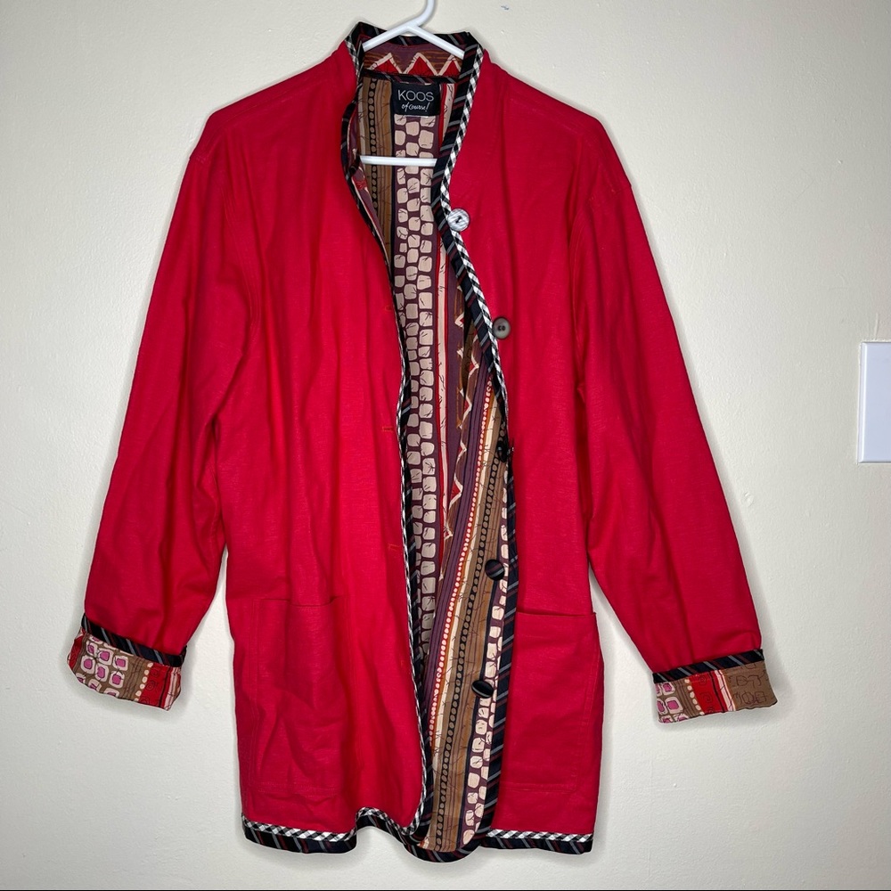 Koos of Course Red Print Reversible Linen Silk Blend‎ Jacket Sz Large